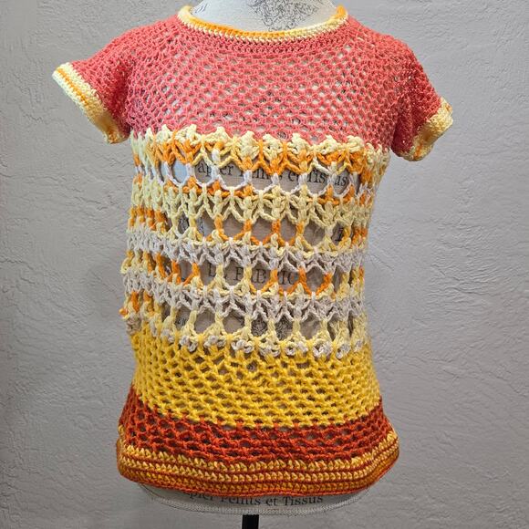 Handmade Crochet Multicolor Granny Square Knit Short Sleeve Shirt - Picture 10 of 10